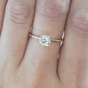 Yellow Gold Cushion Cut Forever One Moissanite Solitaire Engagement Ring, Dainty Moissanite Bridal Ring, Prong Set Low Profile Ring image 3