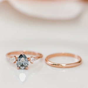 Rose Gold 3 Stone Pear Cut Grey Moissanite Engagement Ring, Grey Trilogy Ring, Alternative Bridal Ring, Boho Bridal Rings image 4