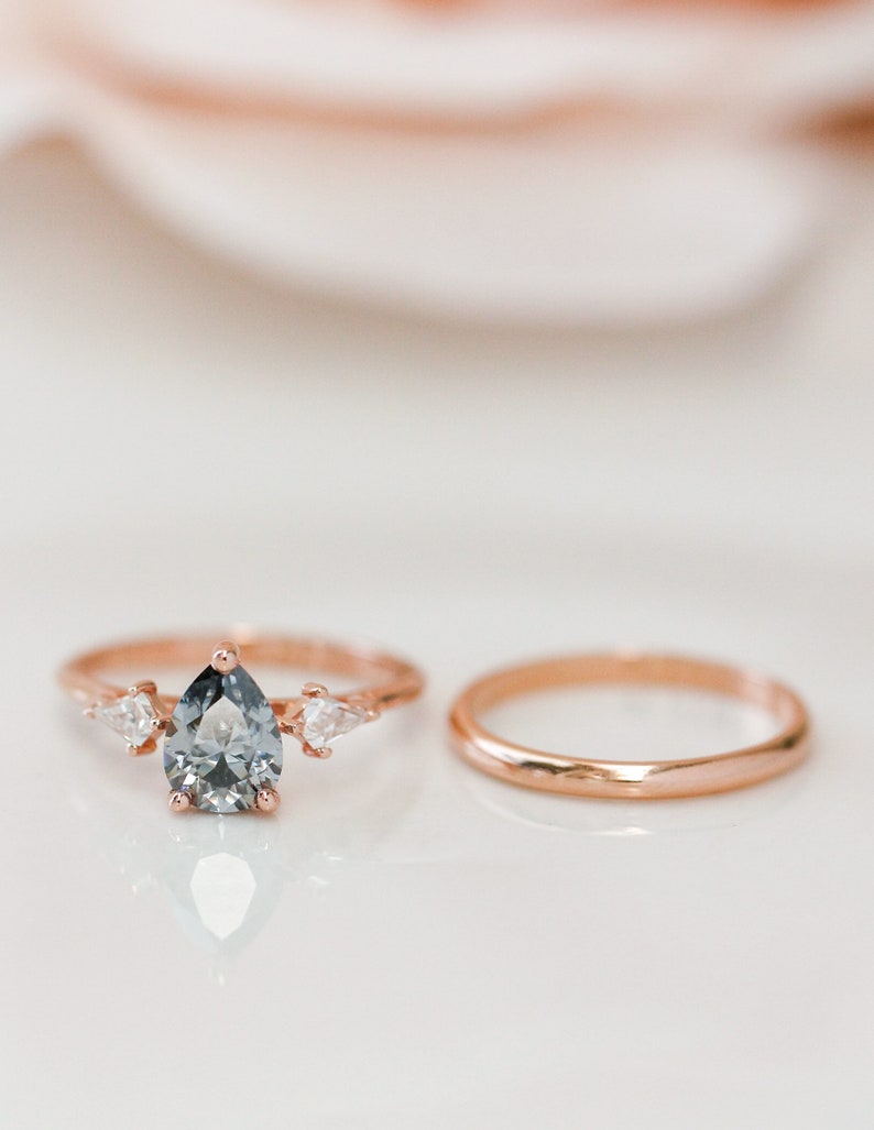 Rose Gold 3 Stone Pear Cut Grey Moissanite Engagement Ring, Grey Trilogy Ring, Alternative Bridal Ring, Boho Bridal Rings image 4