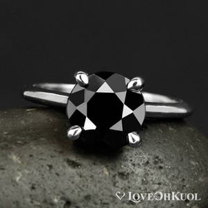White Gold Round Black Tourmaline Engagement Ring, Round Brilliant Cut, Cathedral Setting, Anniversary Ring, Stacking Ring