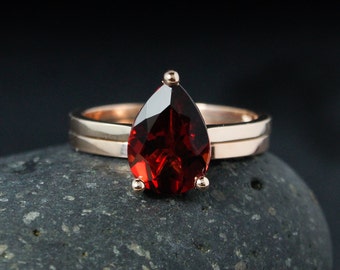 Rose Gold Pear Cut Red Garnet Engagement Ring, Alternative Bridal Rings, Dainty Modern Simple Red Garnet Wedding Ring