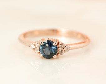 Rose Gold Teal Sapphire Engagement Ring, Art Deco Peacock Sapphire Wedding Ring, Low Profile Wedding Ring, Green Sapphire Ring