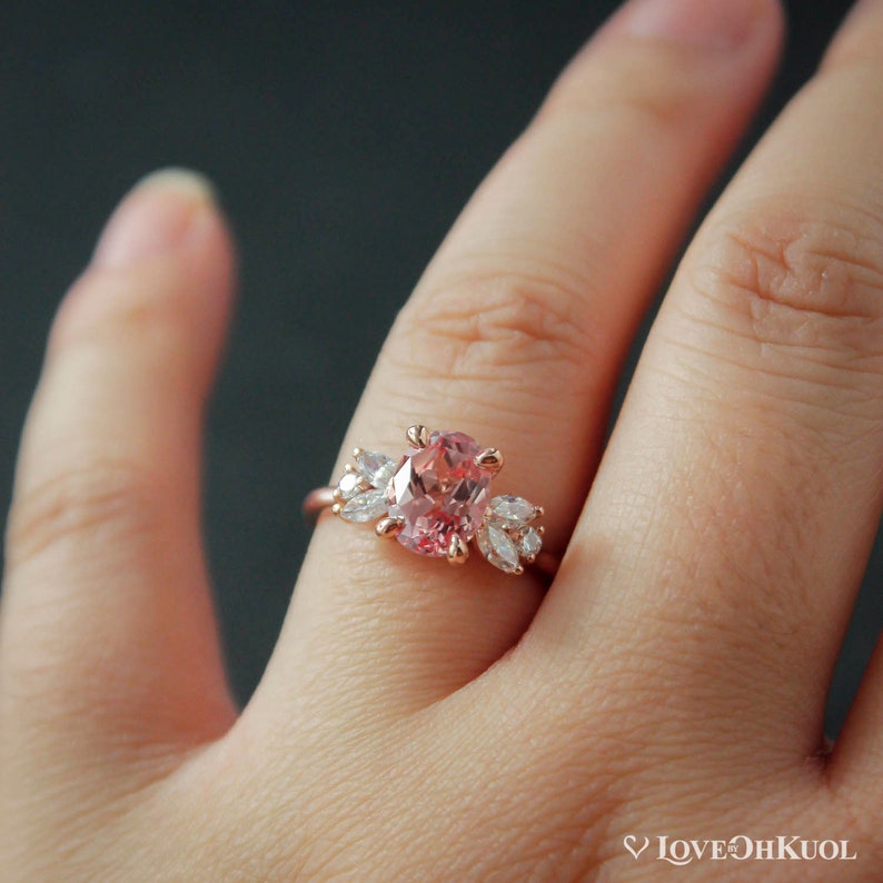 Rose Gold Oval Peach Sapphire Floral Engagement Ring, Diamond Free Sapphire Floral Cluster Wedding Ring, Prong Set Sapphire Ring image 5