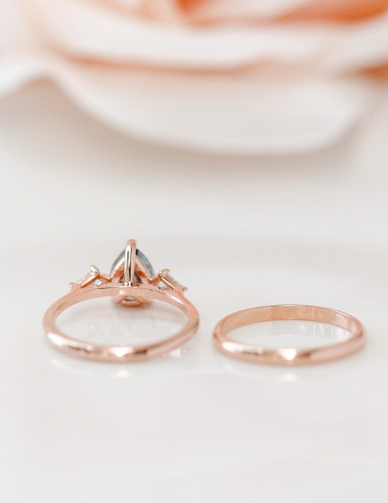 Rose Gold 3 Stone Pear Cut Grey Moissanite Engagement Ring, Grey Trilogy Ring, Alternative Bridal Ring, Boho Bridal Rings image 5