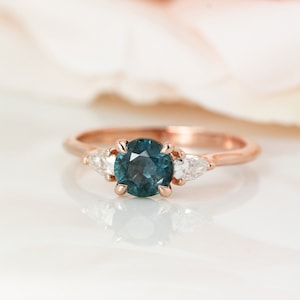 Rose Gold Teal Sapphire Engagement Ring: Pear Lab Diamond, Heirloom Style