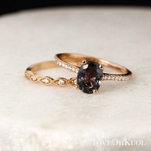 Rose Gold Grey Spinel Engagement Ring Single Diamond Leaf Wedding Band Vintage Inspired, Natural Spinel Ring, Oval Spinel Ring image 1