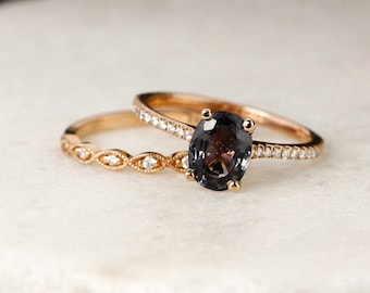 Rose Gold Grey Spinel Engagement Ring - Single Diamond Leaf Wedding Band - Vintage Inspired, Natural Spinel Ring, Oval Spinel Ring