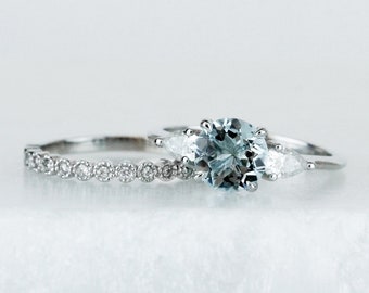 Aquamarine Engagement Ring Set: White Gold Diamond Wedding Band
