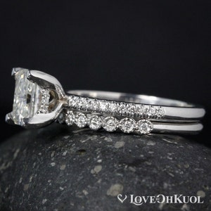 Wedding Set Radiant Cut Engagement Ring Forever Brilliant Moissanite Round Diamond Milgrain Band image 2
