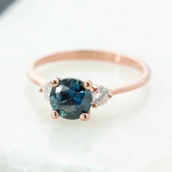 Rose Gold Teal Sapphire Engagement Ring 3 Stone Peacock | Etsy UK
