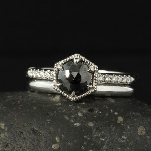 Black Rose Cut Diamond Ring - Comfort Fit Band - Bridal Set