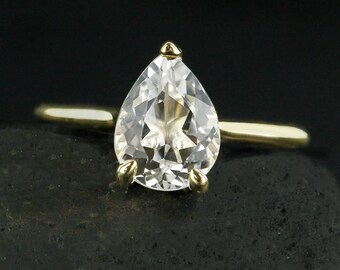 Gold White Topaz Teardrop Ring - Modern Engagement Ring - Choose Your Setting