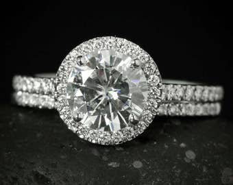 Forever One Colorless Moissanite Halo Diamond Engagement Ring, Wedding Set, Half Eternity Micro Pave Diamond Band, Moissanite Rings