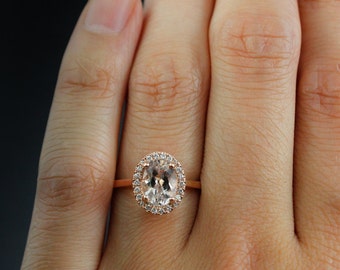 Peachy Pink Morganite Oval Engagement Ring - Diamond Halo - Oval Solitaire