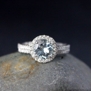 White Gold Round Cut Aquamarine Engagement Ring, Diamond Halo, Micro Pave Band, Blue Wedding Ring