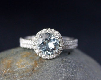 White Gold Round Cut Aquamarine Engagement Ring, Diamond Halo, Micro Pave Band, Blue Wedding Ring