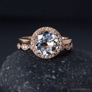 Rose Gold Aquamarine Ring - Milgrain Leaf Band - Non-Diamond Engagement Rings, Conflict Free