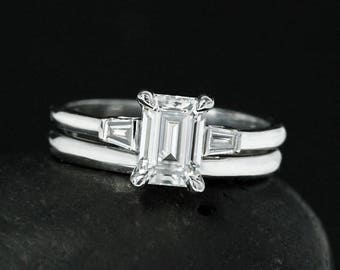 Baguette Diamond Ring - Emerald Cut Forever One Moissanite Engagement Ring - Comfort Fit Wedding Band