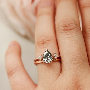 Rose Gold 3 Stone Pear Cut Grey Moissanite Engagement Ring, Grey Trilogy Ring, Alternative Bridal Ring, Boho Bridal Rings image 6