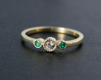 Gold White Sapphire & Green Emerald Ring - 3 Gemstone Ring - Choose Your Birthstone