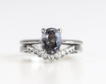 White Gold Oval Grey Spinel Solitaire Engagement Ring, Moissanite Crown Curved Wedding Band, Alternative Unique Bridal Rings