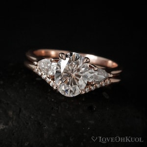 Romantic Rose Gold 3 Stone Moissanite Engagement Ring - Curved Diamond Wedding Band - Forever One Moissanite, Bridal Set