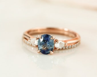 Teal Sapphire 3 Stone Oval Engagement Ring Set, Micro Pave Diamond Wedding Band, Peacock Sapphire Wedding Ring, Rose Gold Ring