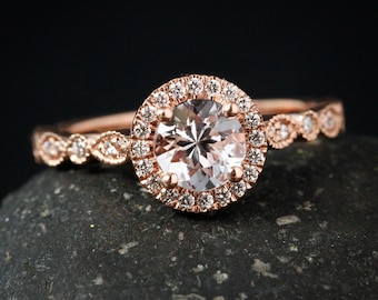 Anel de noivado com halo de diamante e morganita: ouro rosa 14k, milgrain feito à mão