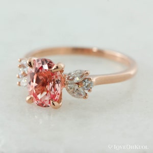 Rose Gold Oval Peach Sapphire Floral Engagement Ring, Diamond Free Sapphire Floral Cluster Wedding Ring, Prong Set Sapphire Ring image 2