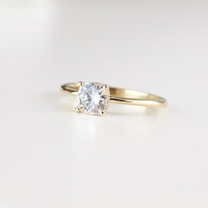 Yellow Gold Cushion Cut Forever One Moissanite Solitaire Engagement Ring, Dainty Moissanite Bridal Ring, Prong Set Low Profile Ring image 4