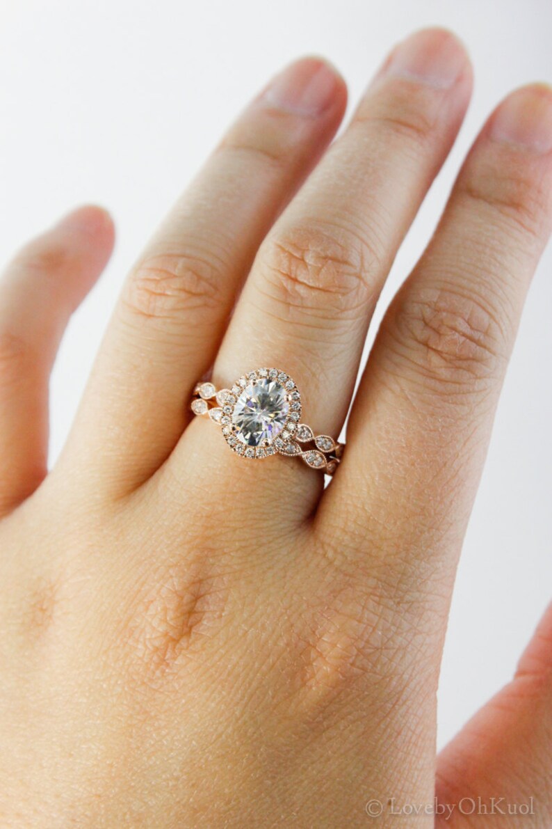Rose Gold Oval Moissanite Engagement Ring Diamond Milgrain Etsy