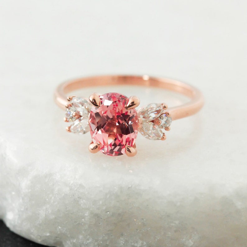 Rose Gold Oval Peach Sapphire Floral Engagement Ring, Diamond Free Sapphire Floral Cluster Wedding Ring, Prong Set Sapphire Ring image 1