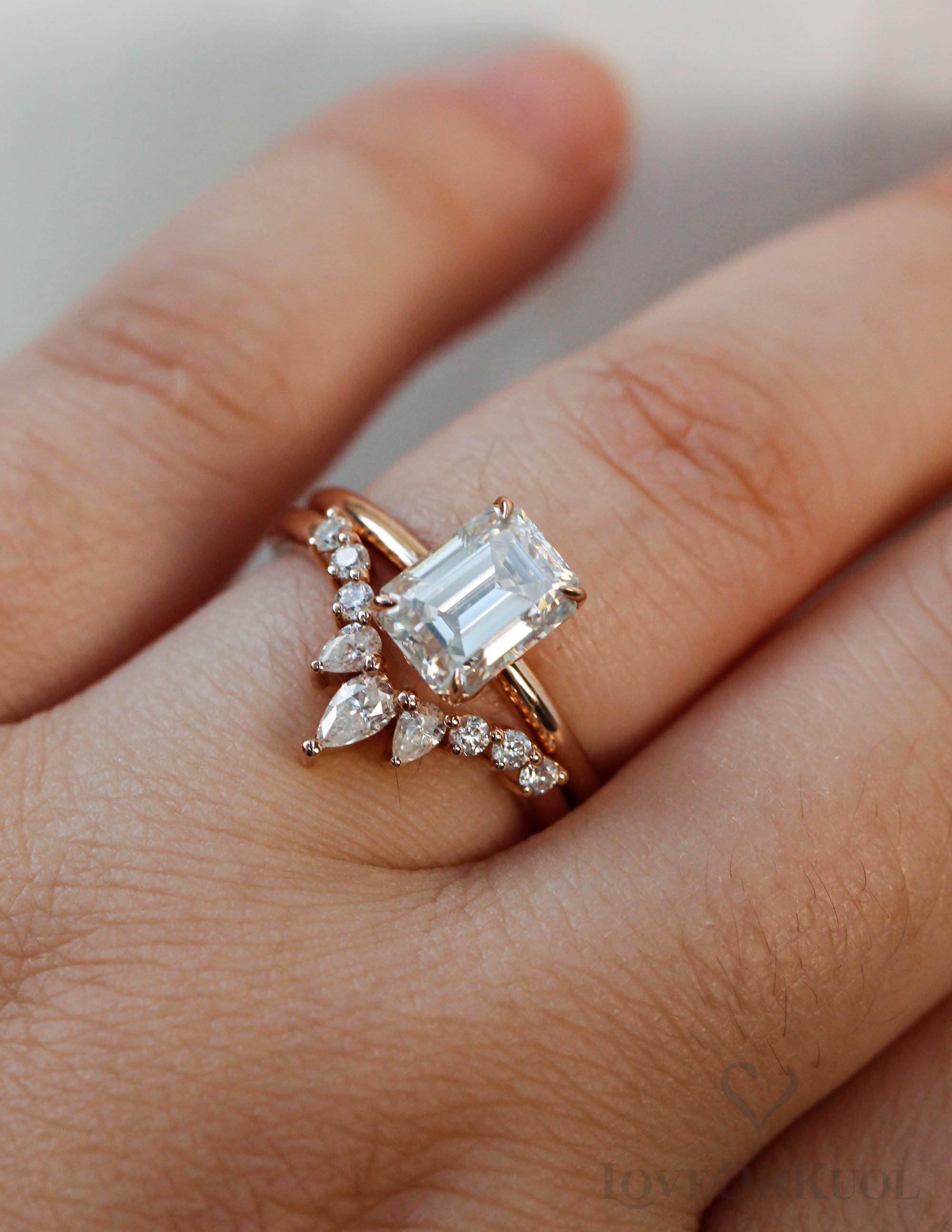 Rose Gold Emerald Cut Moissanite Engagement Ring Colorless