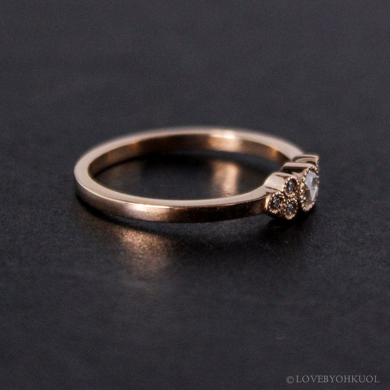 Rose Gold Art Deco Rose Cut Diamond Engagement Ring Vintage Inspired Hand Milgrain Wedding Ring 14K Rose Gold image 3