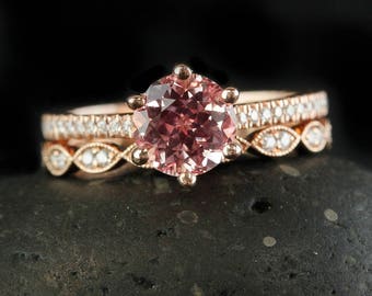 Rose Gold 6 Prong Set Peach Sapphire Engagement Ring, Floral Leaf Wedding Band 14Kt Rose Gold Bridal Set