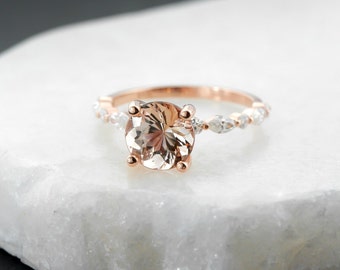 Rose Gold Peach Pink Morganite Solitaire Engagement Ring, Moissanite Half Eternity Band, Diamond Free Unique Pink Bridal Ring