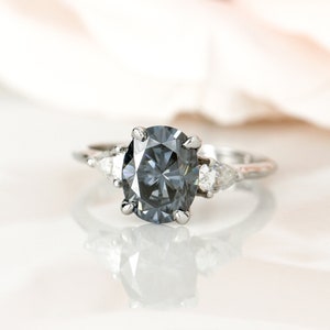 White Gold Oval Grey Moissanite 3 Stone Engagement Ring, ,  Unique Gray Bridal Trilogy Ring, Gift For Wife