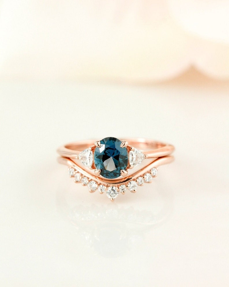 Oval Teal Sapphire Engagement Ring Set, Sapphire 3 Stone Engagement Ring, Moissanite Crown Wedding Band, Blue Sapphire Wedding Ring Set image 1