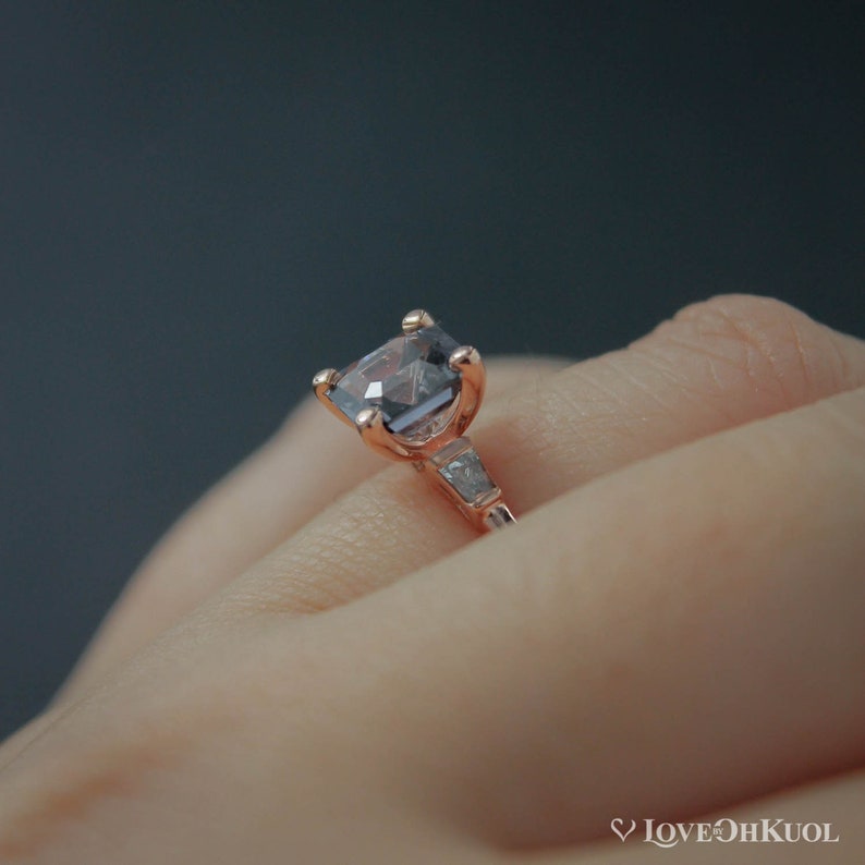 Rose Gold 3 Stone Asscher Cut Grey Spinel Engagement Ring, Spinel Diamond Trilogy Bridal Ring, Unique Engagement Ring, Alternative Wedding image 7