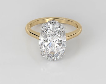 Anillo de compromiso con diamante ovalado cultivado en laboratorio de 3 quilates: halo oculto de dos tonos