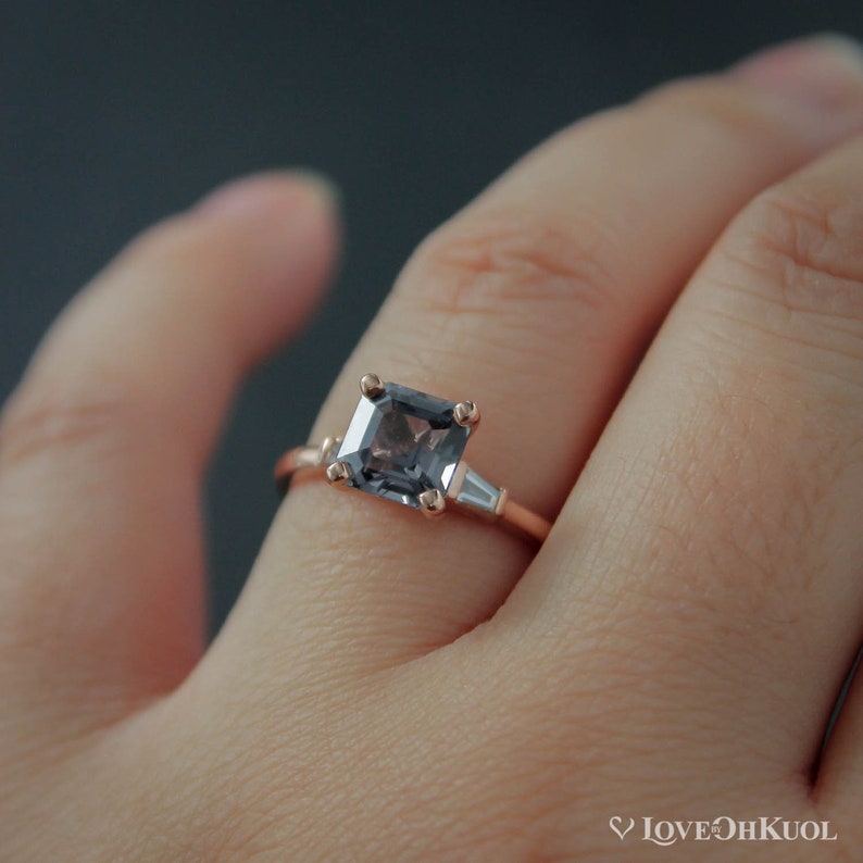 Rose Gold 3 Stone Asscher Cut Grey Spinel Engagement Ring, Spinel Diamond Trilogy Bridal Ring, Unique Engagement Ring, Alternative Wedding image 6