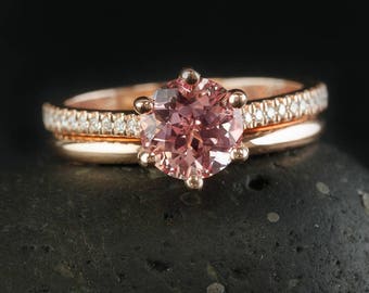 Rose Gold Peach Sapphire Engagement Ring Comfort Fit Wedding Ring Set Round Brilliant Champagne Sapphire Bridal Set