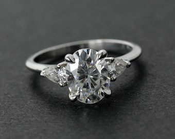 White Gold Oval Moissanite Engagement Ring: Three Stone Wedding Ring