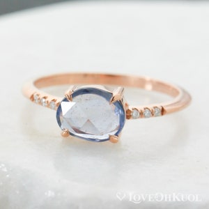 Rose Gold Rose Cut Oval Sapphire Bridal Ring, Natural Blue Sapphire Diamond Ring, September Birthstone Ring, Mermaid Bridal Ring