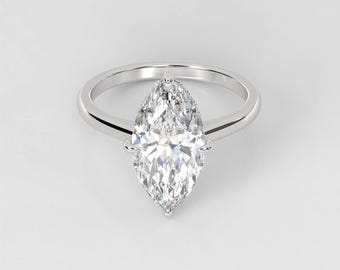 Anillo de compromiso con diamantes cultivados en laboratorio de 3 quilates y talla marquesa: halo oculto de oro de 14 quilates (certificación IGI)