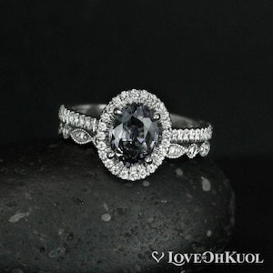 Halo Diamond Natural Grey Spinel Ring - Hand Milgrain Wedding Band - Bridal Set