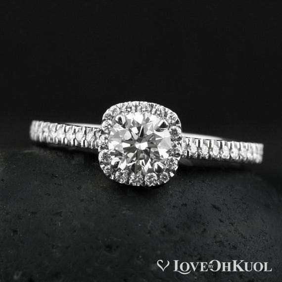 White Gold Cushion Halo Round Brilliant Cut Diamond Engagement