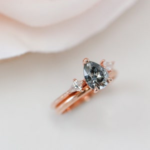 Rose Gold 3 Stone Pear Cut Grey Moissanite Engagement Ring, Grey Trilogy Ring, Alternative Bridal Ring, Boho Bridal Rings image 2