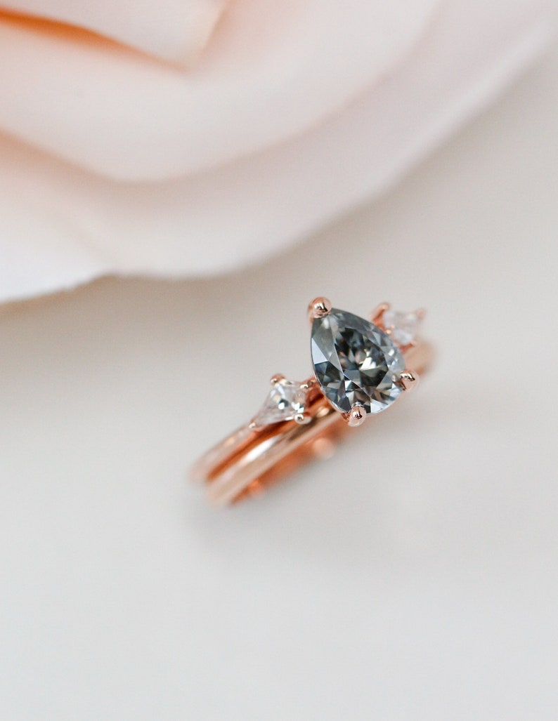 Rose Gold 3 Stone Pear Cut Grey Moissanite Engagement Ring, Grey Trilogy Ring, Alternative Bridal Ring, Boho Bridal Rings image 2