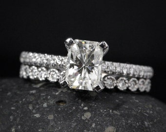 Wedding Set - Radiant Cut Engagement Ring - Forever Brilliant Moissanite - Round Diamond Milgrain Band